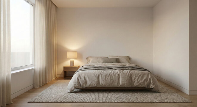 Minimal bedroom with soft daylight and warm bedside lamp