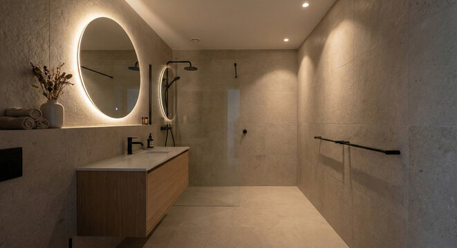 Minimalist bathroom with round mirror and warm backlight