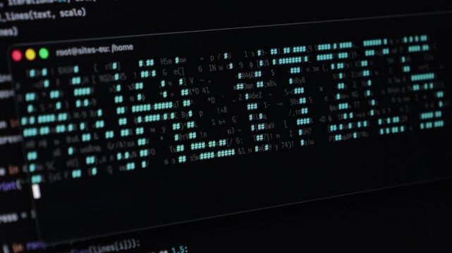 Modern computer terminal displaying vibrant green ASCII art text ANALYTICS on a dark screen, symbolizing intricate data analysis, digital insights, and crucial technological advancement. Zoom