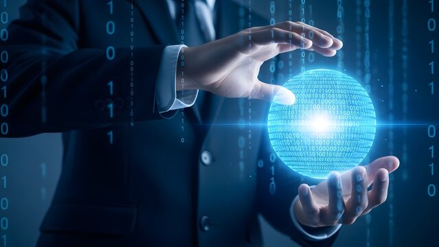 Person in suit holding a glowing binary code sphere in hands data technology - Powered by Adobe