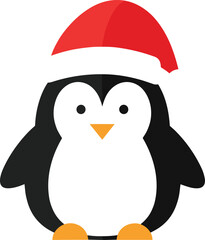 Cute Flat Design Vector Illustration of a Black and White Penguin Wearing a Red Santa Claus Hat, Perfect for Christmas, Winter, and Holiday Season Cards and Decorations, Isolated on White.