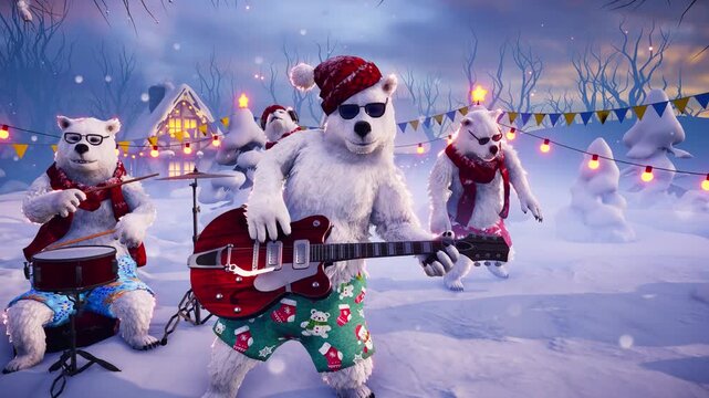 Christmas party: funny polar bears in red hat and scarf playing guitar and drums on winter holiday background. Animated video for greeting cards, holiday events, New Year parties
