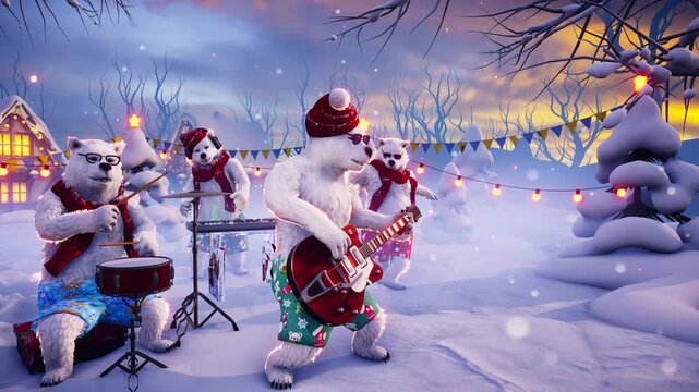Christmas party: funny polar bears in red hat and scarf playing guitar and drums on winter holiday background. Animated video for greeting cards, holiday events, New Year parties