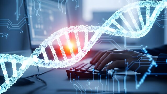 Person typing on keyboard with glowing DNA helix and circuit board overlay genetic - Powered by Adobe