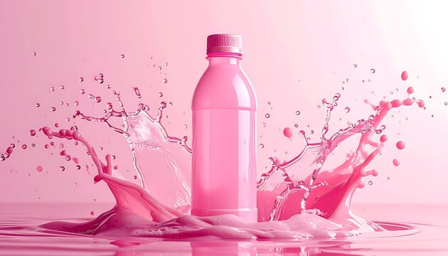 A pink drink bottle sits amidst an explosion of pink liquid on a reflective surface, all against a pink background