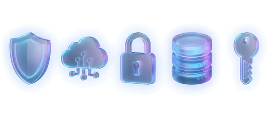 Holographic icons representing digital security, cloud computing, data protection, and access control in a modern technological context.