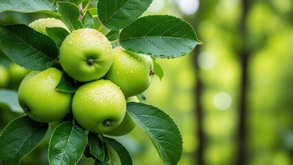 Fresh green apples growing on a tree branch with water droplets