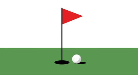 Obraz premium A golf ball rests on a green putting surface next to a flagstick with a red flag.