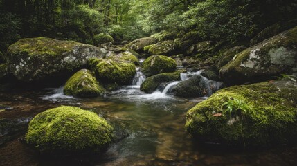 Fototapeta premium Tranquil Stream Flowing Through Lush Green Forest with Moss-Covered Rocks and Gentle Waterfalls Surrounded by Vibrant Nature in a Serene Landscape
