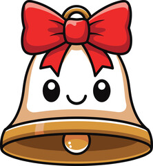 Cute kawaii cartoon Christmas bell icon with cheerful smiling face, festive golden holiday decoration, and bright red satin bow graphic illustration, isolated vector.