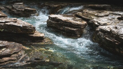 Tranquil Stream Flowing Through Rock Formations in Lush Nature Setting with Clear Water and Gentle Ripples Creating a Serene Atmosphere