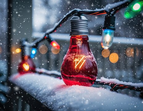 Close-up of glowing red Christmas string light bulb covered in snow with falling snow and bokeh lights outdoors in winter - Powered by Adobe