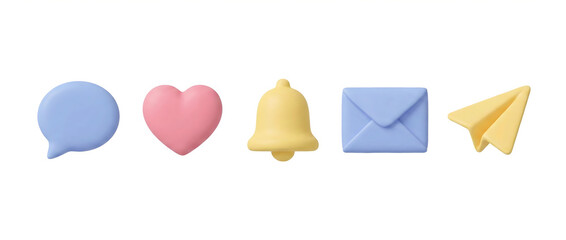 3D rendered pastel colored social media and communication icons on a white background.