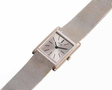 Piaget hand-wound watch, Tank model, reference 908, 18kt white gold case with integrated bracelet. Milan, Italy, April 14, 2025