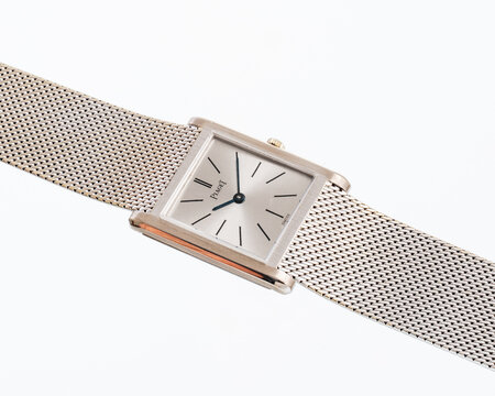Piaget hand-wound watch, Tank model, reference 908, 18kt white gold case with integrated bracelet. Milan, Italy, April 14, 2025