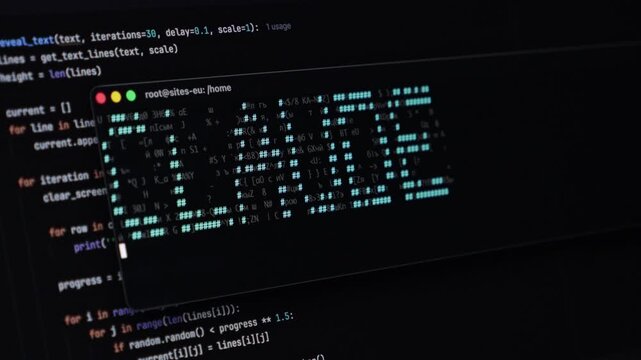 Close-up view of a monitor showing ASCII art word CLAUDE made from hash characters on a terminal, symbolizing digital creation and coding