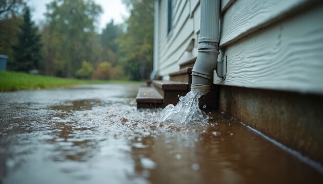 Heavy rain pours from a blocked gutter near a house. Water floods steps and ground creating puddles. Storm weather causes water overflow. A potential residential flooding danger.