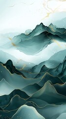 Fluid Mountain Shapes in Teal and Dark Blue With Golden Linear Accents and Atmospheric Mist