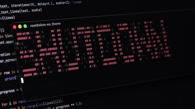 Computer screen displays the word SHUTDOWN in red ASCII art on a dark background with command line interface visible, symbolizing system end and digital alert. Zoom