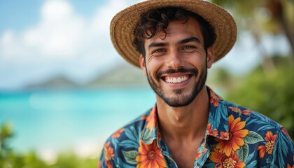 Naklejka premium Cheerful guy in Hawaiian shirt smiles near sea. Man wears summer hat. Tourist enjoys ocean view at seaside resort. Person positive emotions on vacation. Exotic travel destination with happy person.