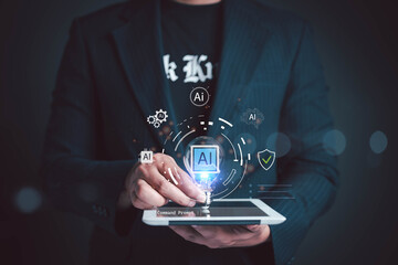 Businessman holding a light bulb with AI icon above digital tablet, symbolizing artificial intelligence, innovation, machine learning, and future technology in smart business solutions.