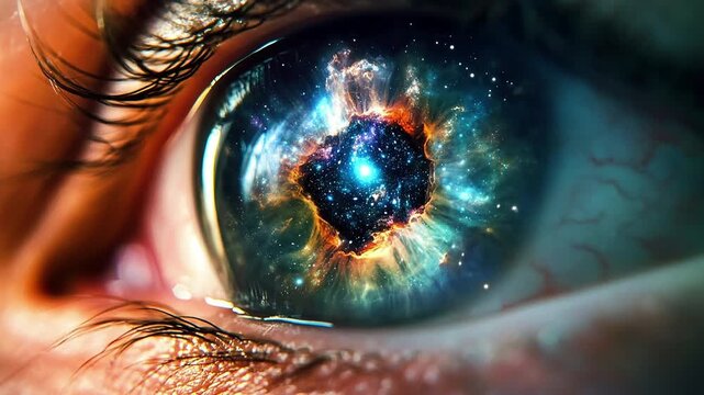 Cosmic eye reflection close up, galaxy in iris with shining stars