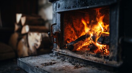 Cozy fireplace with vibrant flames and logs, creating a warm atmosphere in a rustic setting perfect for winter evenings and gatherings by the fire
