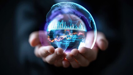 Holding a clear crystal globe with financial data visualizations representing market trends and economic insights during an evening setting - Powered by Adobe