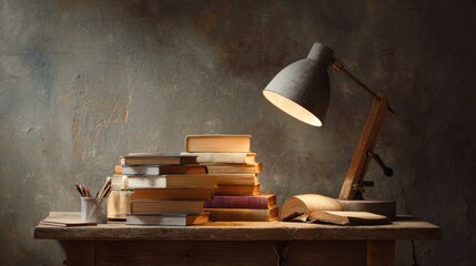 Cozy Study Corner with Stack of Books, Desk Lamp, Open Book, and Writing Tools in Soft Warm Light Surrounded by Textured Wall Background