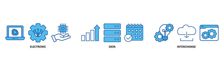 Obraz premium EDI icon set In Blue Style vector illustration for electronic data interchange of business documents standard format with a cloud server, exchange, database, file, chart, automation, and process icon