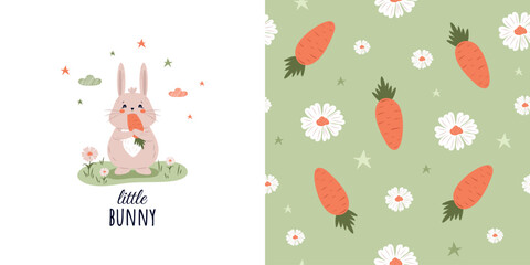 Children's background and seamless pattern with a funny baby bunny eating carrots. Vector design for fabric, wallpaper, wrapping paper, and more.
