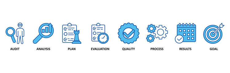 Assessment icon set In Blue Style vector illustration for accreditation and evaluation method on business and education with audit, analysis, plan, evaluation, quality, process, results and goal icon
