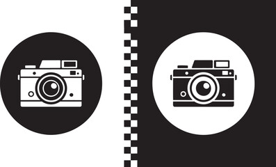 Retro Camera Icon in Black and White Circles and Checkerboard Pattern vintage photography