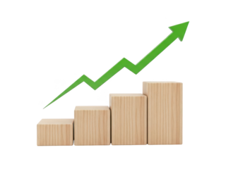 Green arrow graph showing upward trend over wooden blocks isolated on transparent background