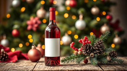 A bottle of red wine on wooden table with Christmas decorations againts Cristmas tree background