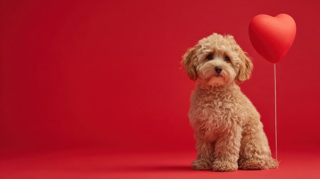 A small, fluffy dog sits on a red surface. It looks at the camera with curiosity while beside it is a red heart-shaped balloon. The background is also red