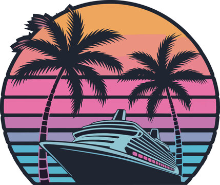 Cruise ship and palm trees against a retro sunset vector