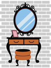 Vanity Table Reflection: An exquisite vanity table with an ornate mirror, nestled against a backdrop of exposed brick, radiates elegance.