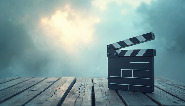 Movie clapperboard sits on weathered wooden planks against moody sky. Film industry symbol, ready for action, announces scene start for production crew. Vintage feel, open gate.