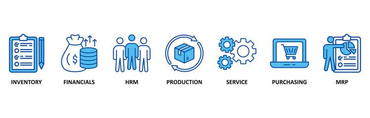 ERP icon set In Blue Style vector illustration for enterprise resource planning with icon of inventory, financials, hrm, production, service, purchasing, and mrp