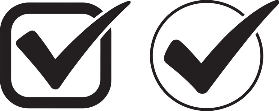 Two black check mark icons in square and circle frames tick correct