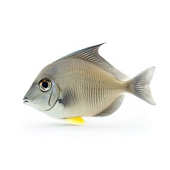 Fototapeta premium Detailed studio photograph of a small tropical reef fish with a bright yellow anal fin on white on white background
