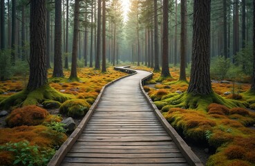 Wooden boardwalk trail winds through old growth forest. Tall green trees with exposed roots covered in bright moss. Ground features rich autumn hues. Sunlight filters through canopy, creating warm