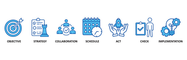 Action plan icon set In Blue Style vector illustration for objective, strategy, collaboration, schedule, act, launch, check, and implementation