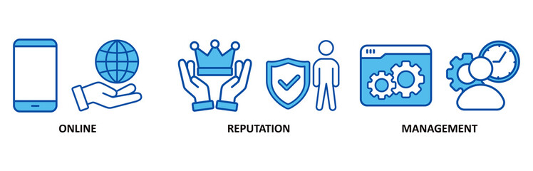 ORM icon set In Blue Style vector illustration for online reputation management with icon of internet, browser, winner, trust, favorite, and business