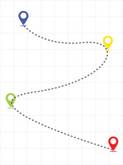 Mapping the Journey: A visual representation of a journey, marked by distinct location markers connected by a dotted path, symbolizing movement and exploration. 