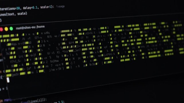 Coding terminal displays complex script, showcasing software development and tech infrastructure workflows IN PROGRESS TEXT. Zoom