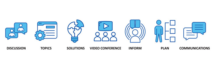 Meeting icon set In Blue Style vector illustration for business meeting and discussion with communications, topics, solutions, plan, inform and video conference icon