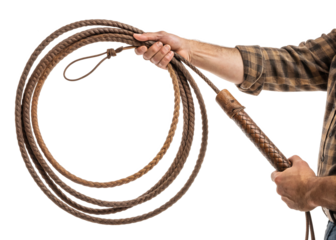 hand holding Cowboy whip isolated on a transparent background.