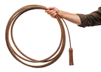 hand holding Cowboy whip isolated on a transparent background.